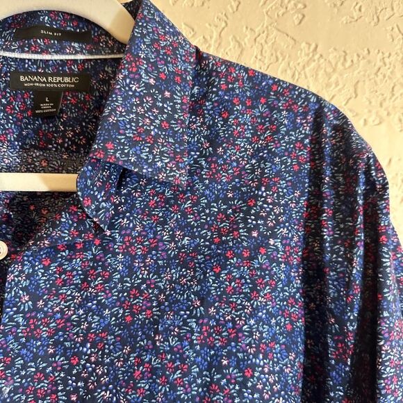 Banana‎ Republic Slim Non-Iron Blue Pink Mini Florals  Men's Long Sleeve Shirt L - Picture 6 of 7